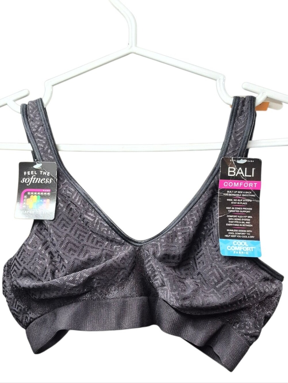 Bali Comfort Wireless Lace-Texture Bra in Charcoal